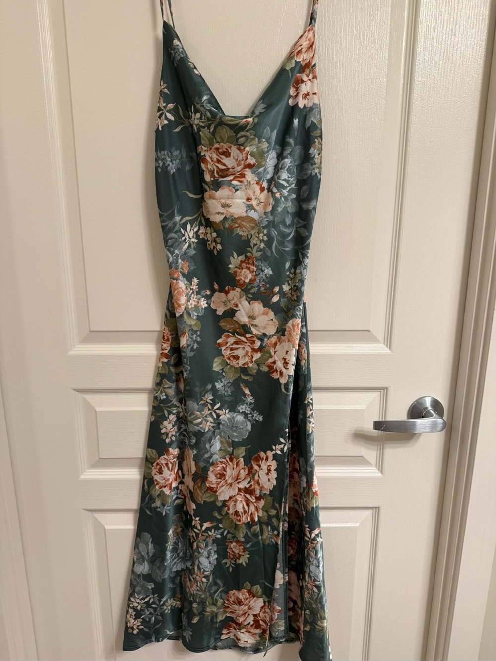 Floral Satin Slip Dress with Side Slit - Green Floral - Petal & Pup